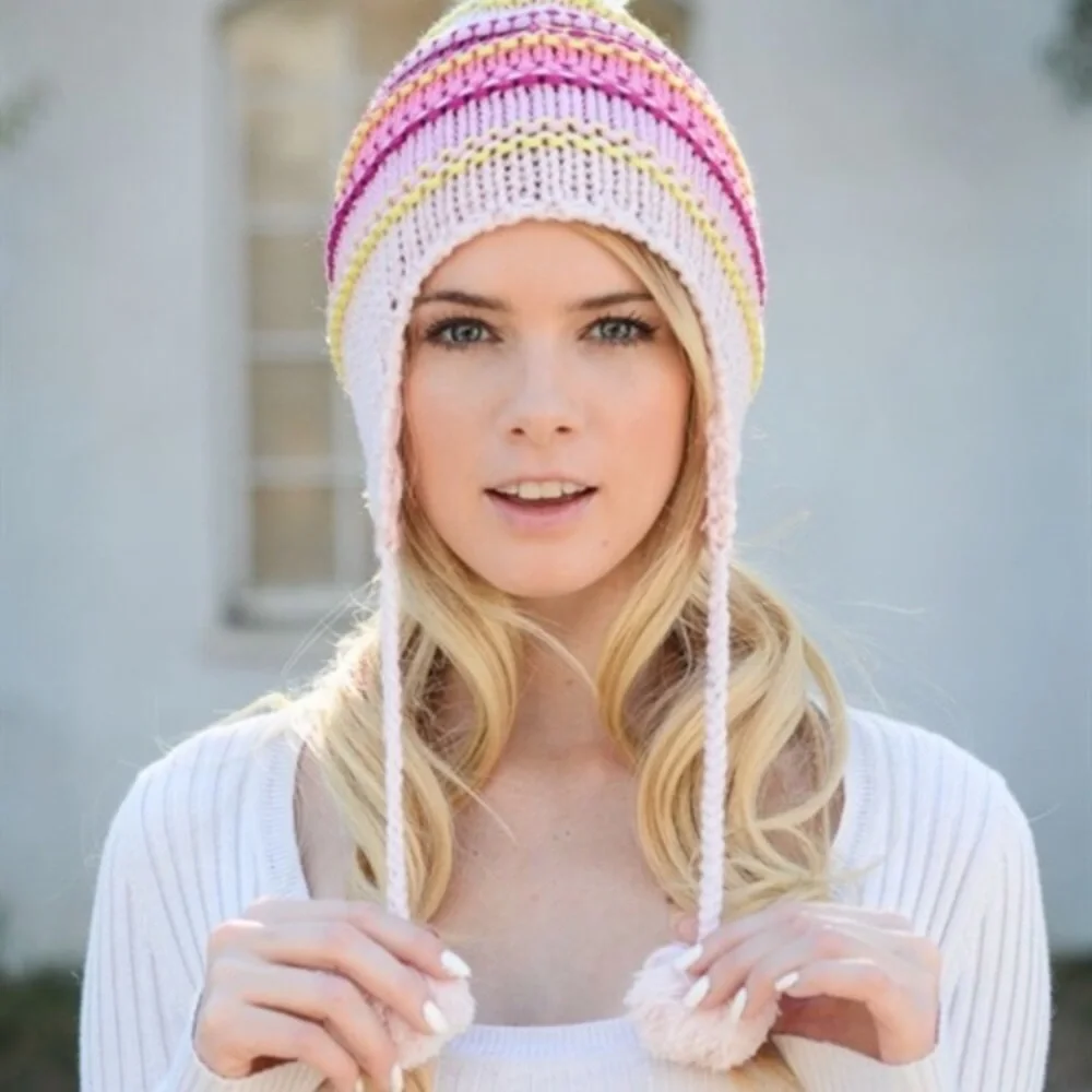 Pink Striped Beanie with Pom Poms